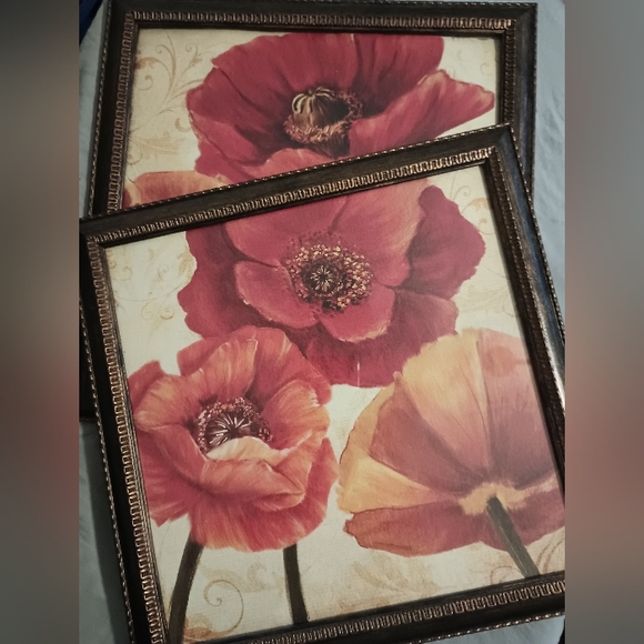 Lot of 2 12x12 Framed Poppy Prints Red Orange Yellow Beige Brushed Gold Brown - Picture 7 of 8